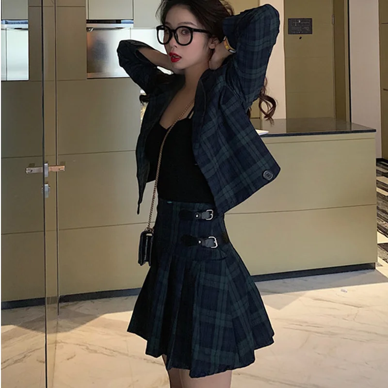 MUMUZI Autumn outfit suit female new short plaid jackets and green grid British wind suit pleated skirt 2pcs set