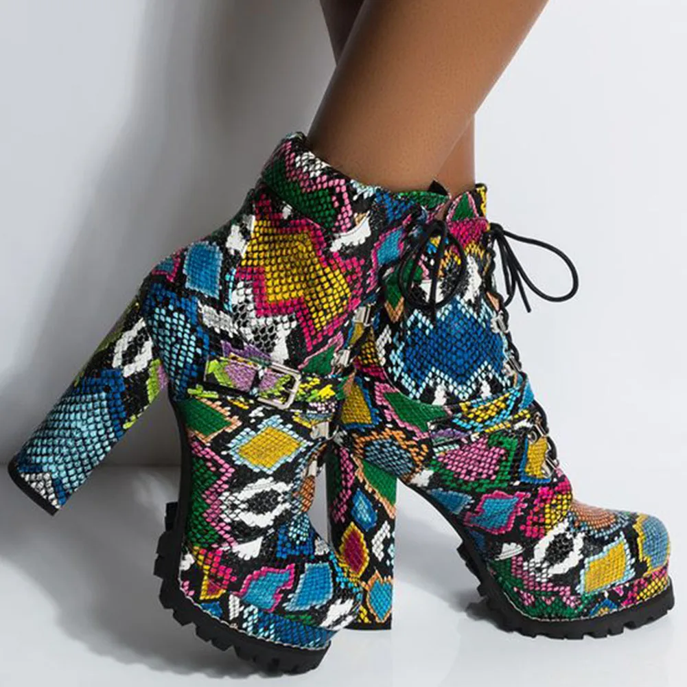 

Karinluna New Wholesale Brand Colorful Snake Skin Boots Platform Women Shoes Ankle Boots Fashion High Heels Woman Shoes