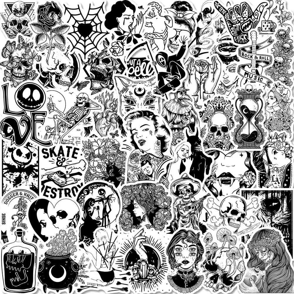 10/30/50pcs Black and White Devil Gothic Graffiti Waterproof Stickers Guitar Laptop Motorcycle Car Waterproof Cool Sticker Decal 10 in 1 whiteboard marker pen painting graffiti drawing pen black