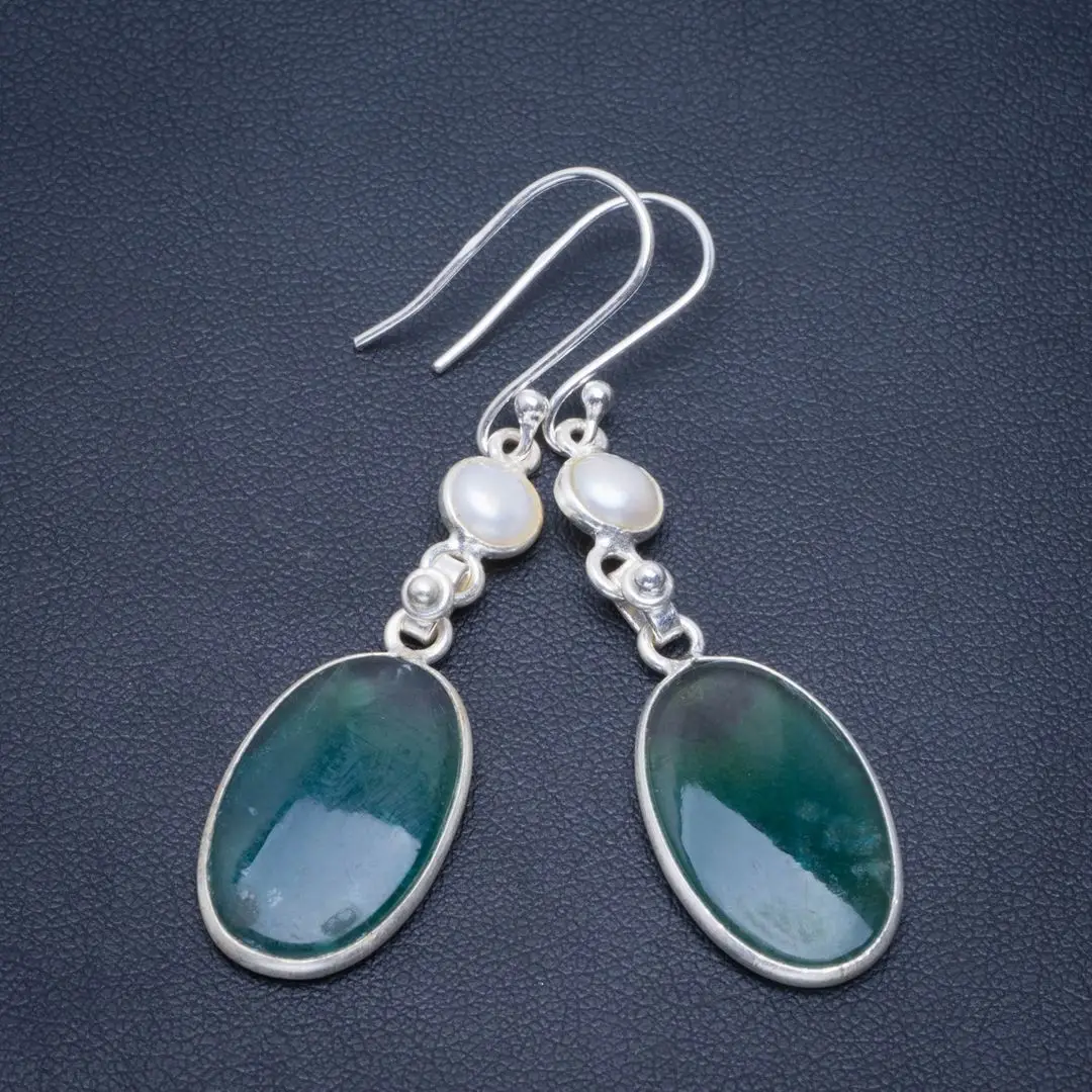 

Natural Fluorite and River Pearl Handmade Unique 925 Sterling Silver Earrings 2.25" B2698