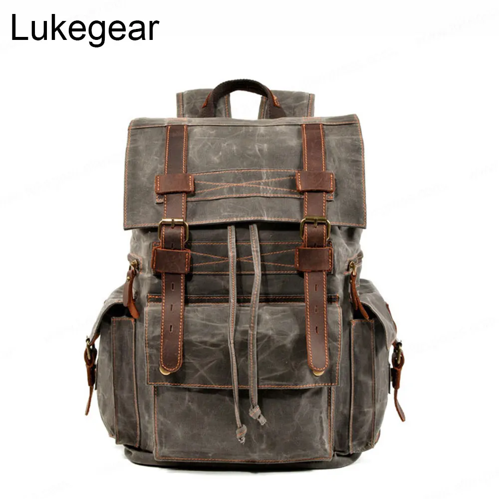 Olie Wax Canvas Rugzak Mannen Outdoor Backbags Echt Lederen Tassen Vintage Stijl Duurzaam Schooltassen Olie Wax Canvas Rugzak Mannen Outdoor Backbags Echt Lederen Tassen Vintage Stijl Duurzaam Schooltassen
