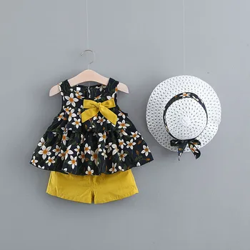 

Summer baby girls broken beautiful bowknot vest chiffon tide suit shorts 3pcs sets kids baby girls cloths