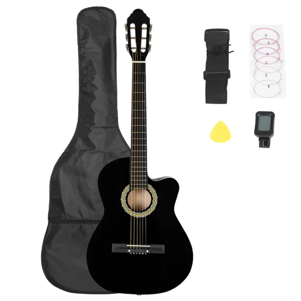 Professionele 38 Inch Sparren Front Cutaway Folk Gitaar Met Case Bag + Board + Riem + Liquid Crystal Tuner + snaren Set Black Professionele 38 Inch Sparren Front Cutaway Folk Gitaar Met Case Bag + Board + Riem + Liquid Crystal Tuner + snaren Set Black