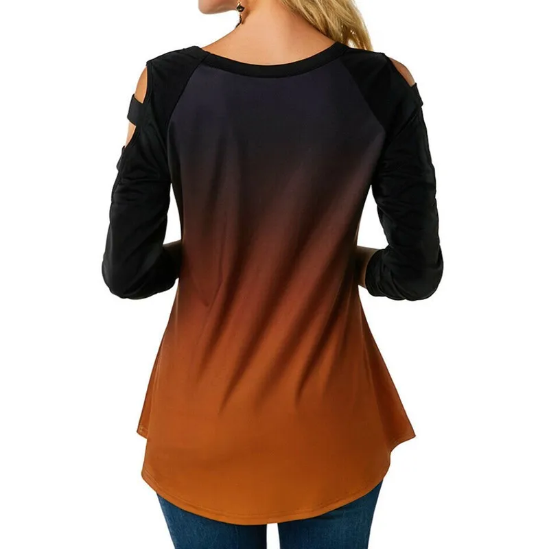 Европа и Америка Повседневная Женская футболка с открытыми плечами градиентного цвета с принтом черепа и длинным рукавом