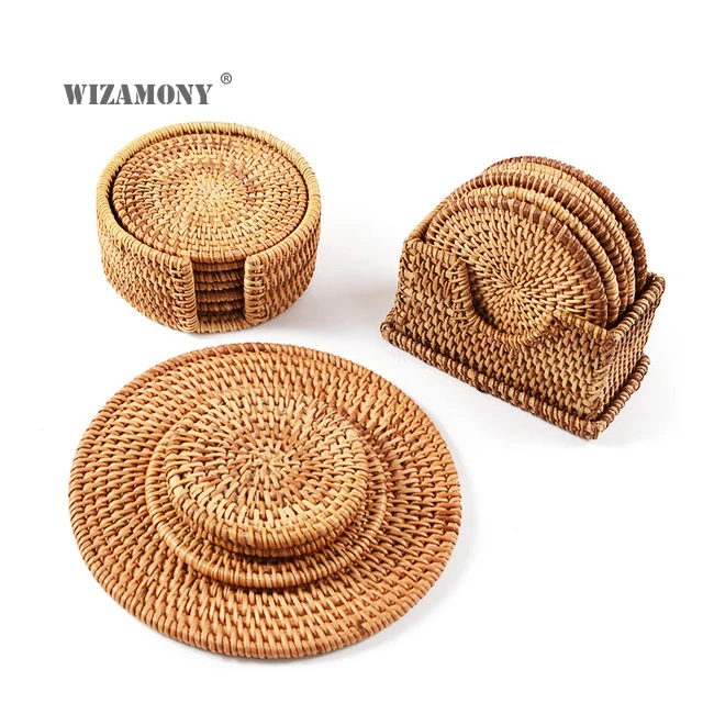 

WIZAMONY Handmade tea mats Rattan coasters saucer iron pot heat insulation pad placemats for table Bamboo teapot tea set