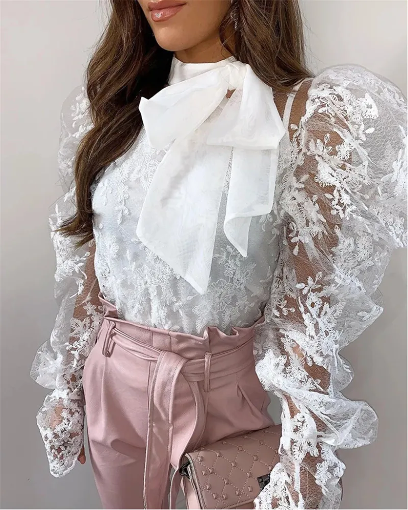Women Sexy Lace Crochet Sheer Mesh Long Puff Sleeve Shirt Blouse Crop Tops See Through Bowknot Shirt Outwear Loose Casual Blouse Women Sexy Lace Crochet Sheer Mesh Long Puff Sleeve Shirt Blouse Crop Tops See Through Bowknot Shirt Outwear Loose Casual Blouse