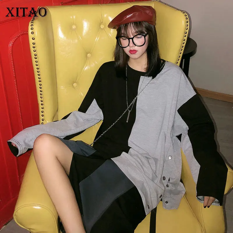 XITAO хит цвет Женская футболка модная новинка несимметричная плиссированная с карманом Элегантная Лоскутная с длинным рукавом Зимняя Повседневная футболка DMY1297