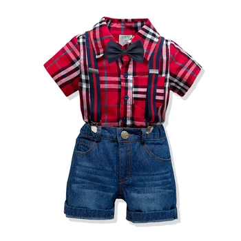 

Boys' Cotton Short Sleeve Shirt Denim Short Sleeve suit children's summer baby gentleman four piece set