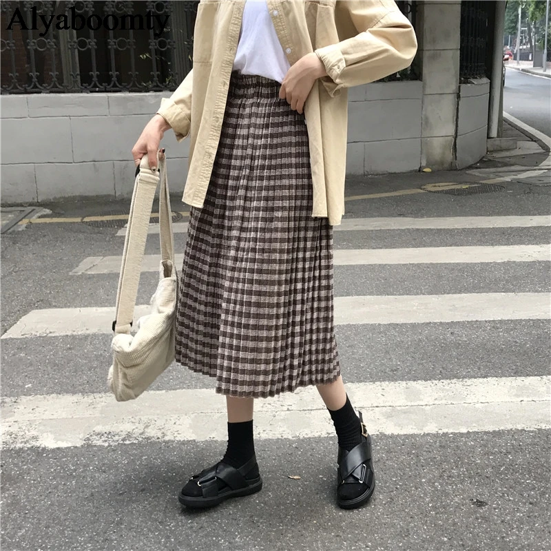 Корейская Ulzzang осень зима женская уличная юбка высокая талия черный хаки плед Jupe Femme элегантные винтажные плиссированные юбки миди - Color: Khaki
