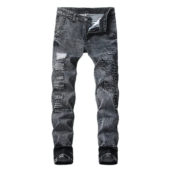 

Sokotoo Men's gray black holes ripped stretch jeans Plus size patchwork slim straight denim pants