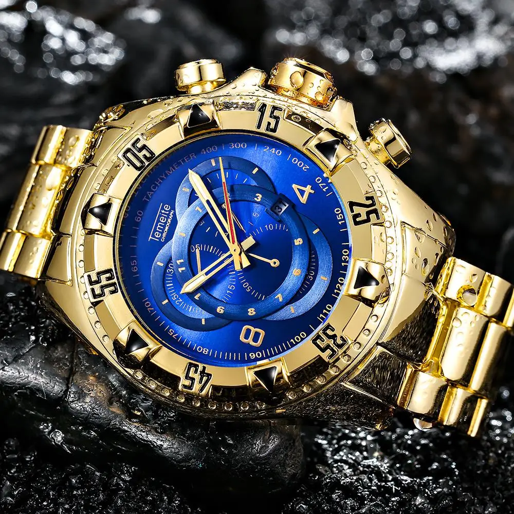 Temeite мужские роскошные золотые часы мужские с большим циферблатом Кварцевые водонепроницаемые часы из нержавеющей стали мужские часы Авто Дата Relogio Masculino