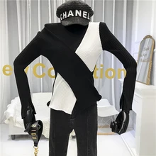 ##Special Price Fashion V-Neck Sexy Club Patchwork Knit Sweater Female High Elasticity White and Bleck Womens New Arrival Sweaters ##Special Price Fashion V-Neck Sexy Club Patchwork Knit Sweater Female High Elasticity White and Bleck Womens New Arrival Sweaters