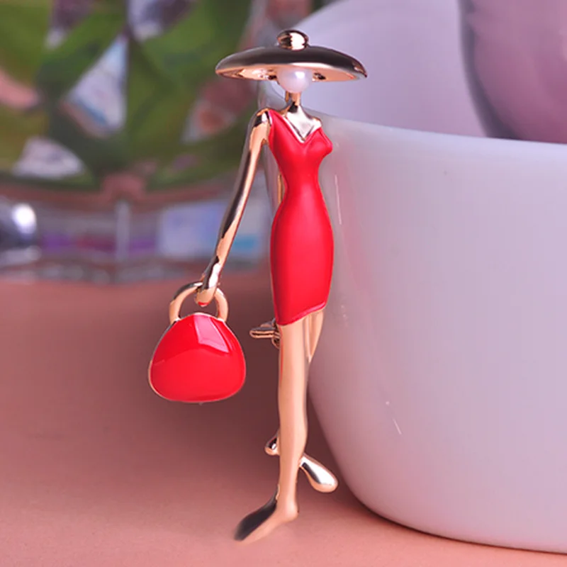 OI Modern Red Dress Accessories Figure Women Brooches Enamel Gold-color Broach Corsage Hijab Pins broche Mujer Jewelry