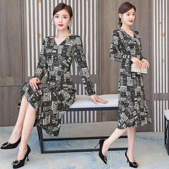 

2020 Autumn Woman's Dress Black Print V-neck Vintage Robe Femme Vestido Midi Dresses Sexy Fashion Loose Dress Long Sleeve Slim