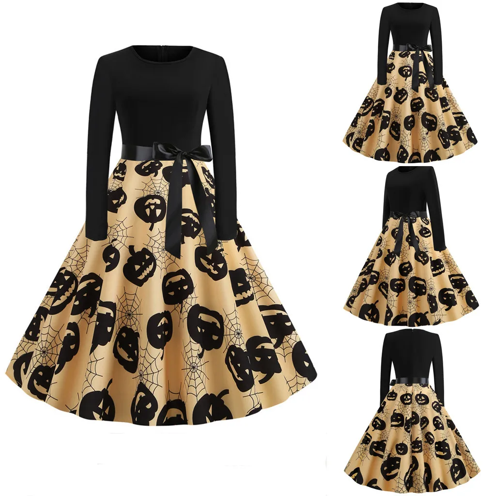 

Dropshipping Women New Halloween Pumpkin Print Dress Round Neck Zipper Hepburn Party Dress Casual Dress Women Korea style