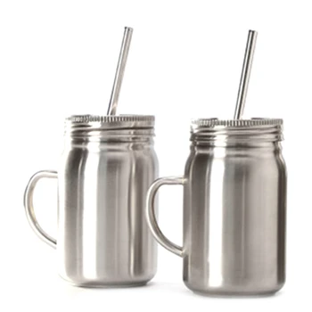 

2-Piece Set of Single and Double-Layer Stainless Steel Mason Jar Mason Cup with Straw