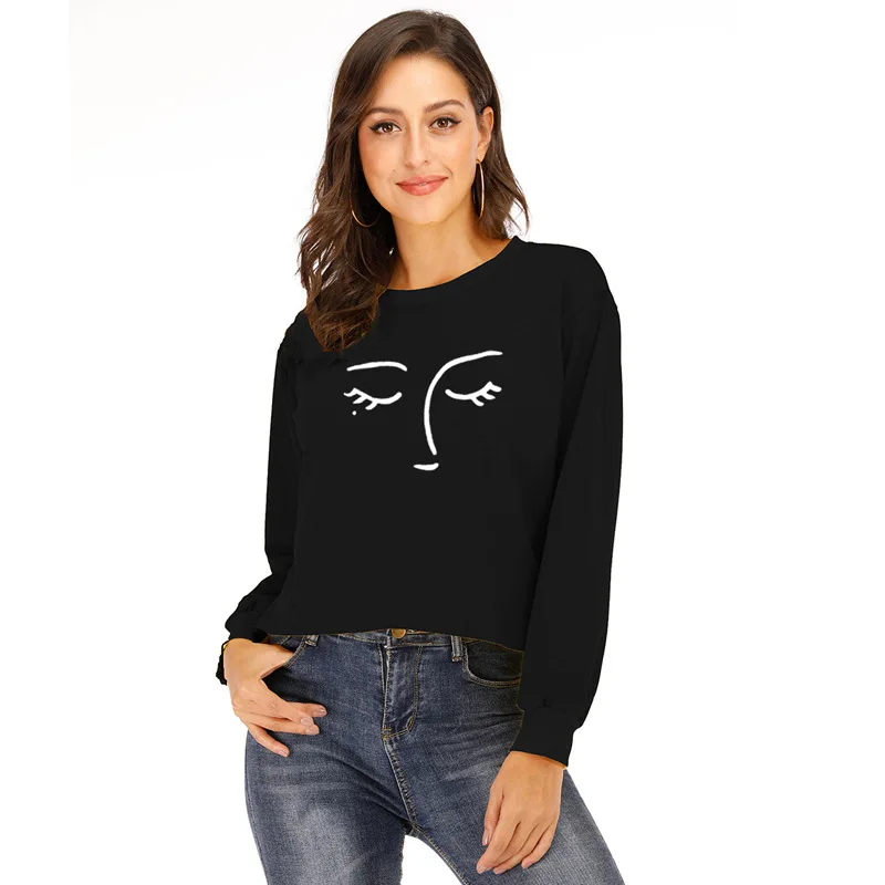 smile black Merry Pretty, женская укороченная толстовка,, толстовки, с буквенным принтом, с длинным рукавом, укороченный свитер, джемпер, пуловеры, Прямая поставка - Цвет: smile black