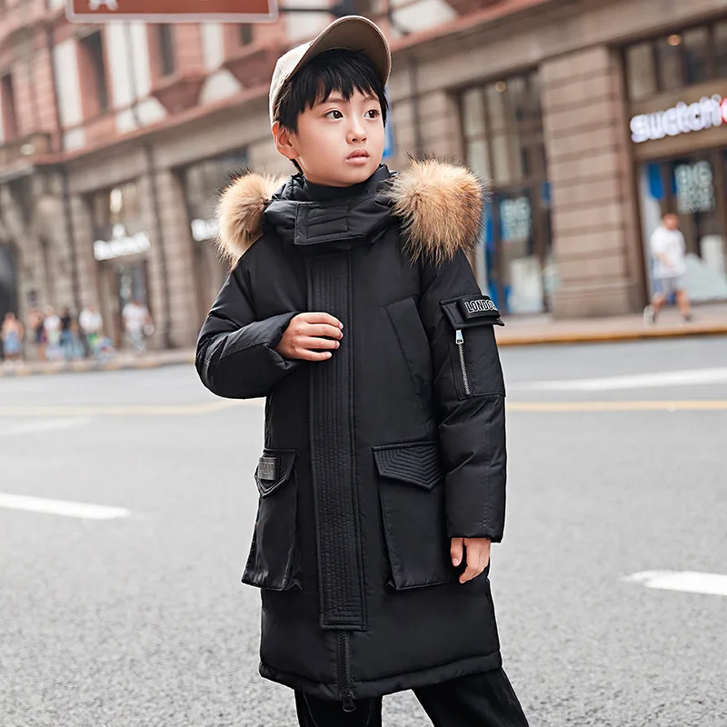 Длинные детские куртки для мальчиков плотное теплое пуховое зимнее пальто детские парки с меховым капюшоном для мальчиков-подростков зимние комбинезоны, верхняя одежда - Цвет: Черный