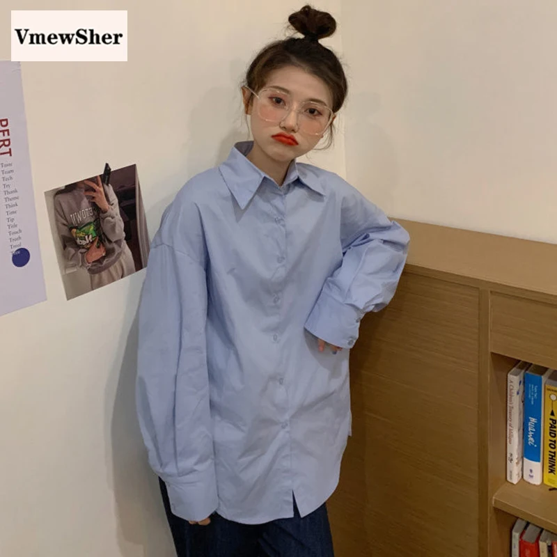 

VmewSher New Autumn Spring Women Shirt Turn Down Collar Long Sleeve Solid Top Office Lady Plain Long Sleeve Loose Pink Blouse