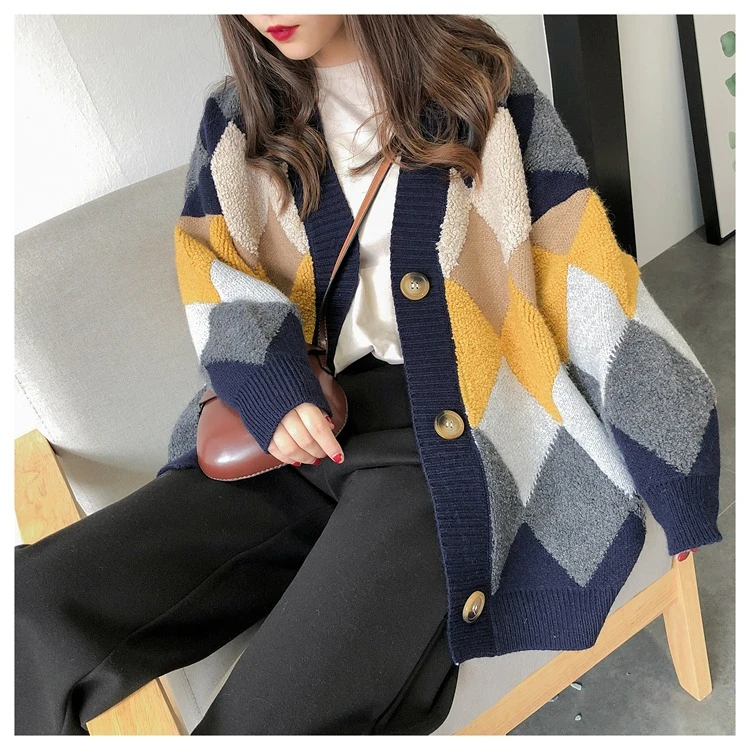 VANGULL Women Sweaters Autumn Winter fashionable Casual Plaid V-Neck Cardigans Single Breasted Puff Sleeve Loose Sweater