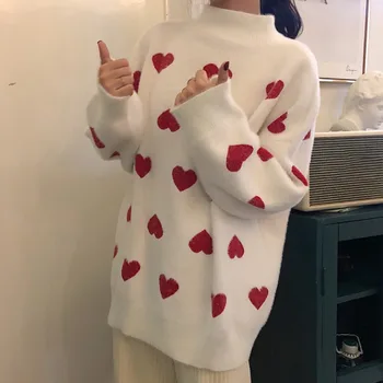 

Cute Sweater Women Autumn Knit Sweater Loose Turtleneck Heart-shape Print Long-Sleeved Casual Bottoming Tops Pull Femme.w