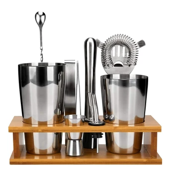 

11Piece Stainless Steel Bartender Set with Bamboo Base Bar Accessories Cocktail Bar Tool Set Martini Cocktail Shaker Set