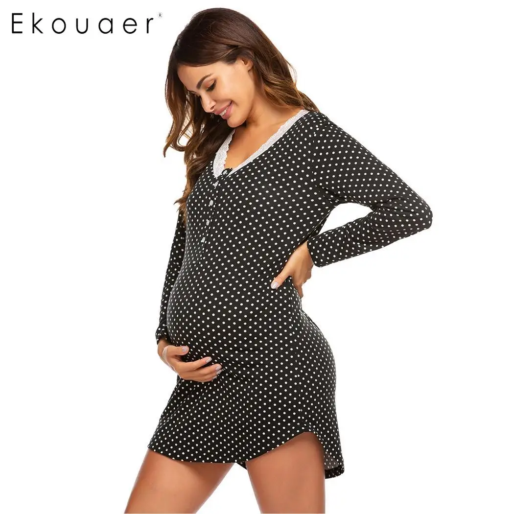 Ekouaer, женская мягкая ночная рубашка, одежда для сна, круглый вырез, длинный рукав, узор в горошек, кружевная отделка, ночная рубашка Pregant, ночная одежда, домашняя одежда