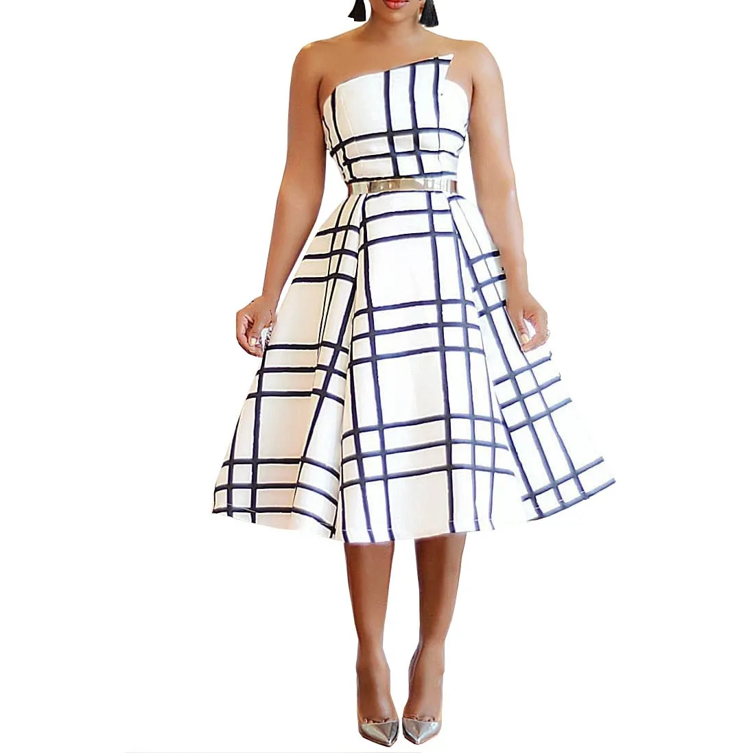 

Fashion Nice Summer Vintage Off Shoulder A-Line Dress Sexy Slash Neck Plaid Dress Club Party Dress Female