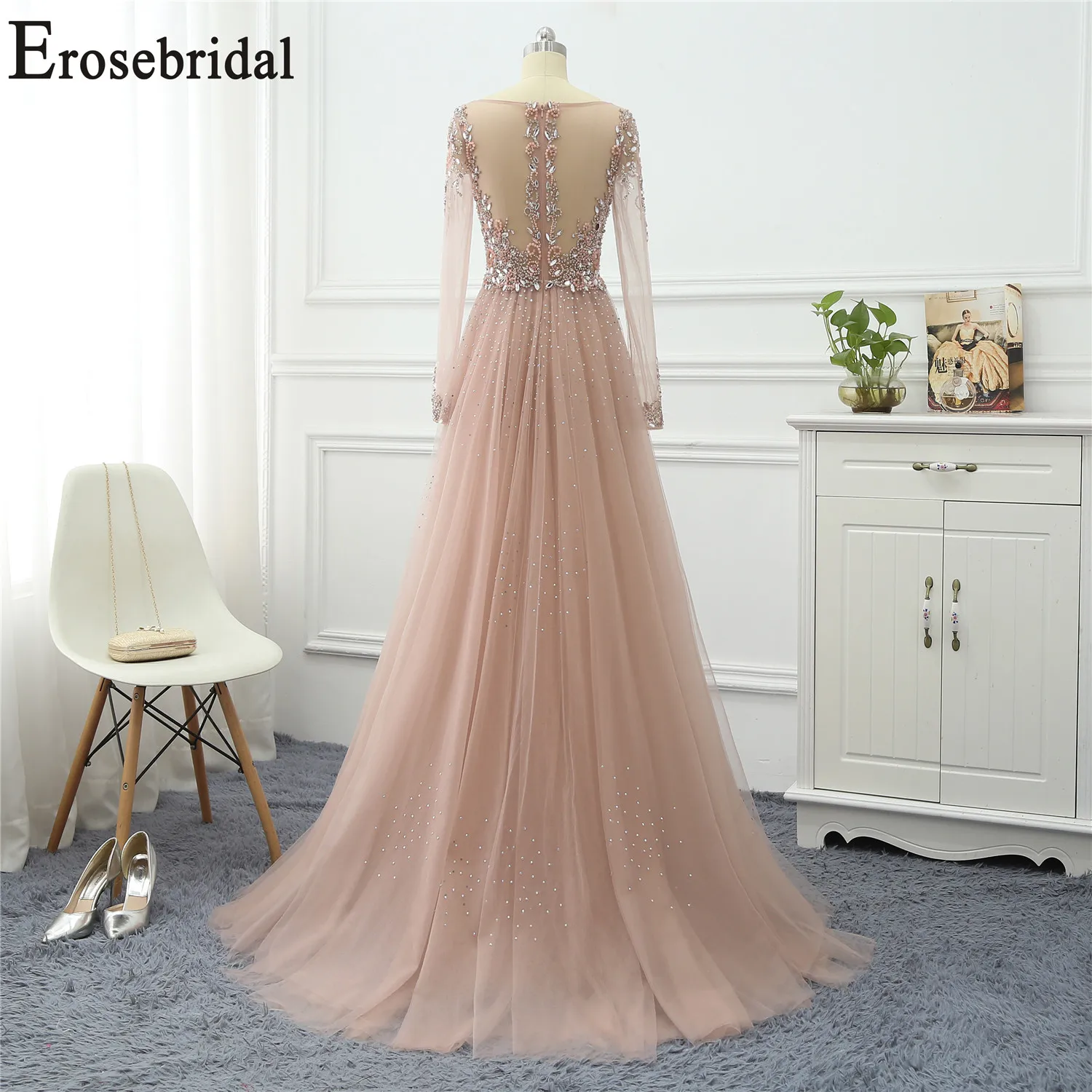 Billige Erosebridal Perlen Elegante Abendkleid Lange 2019 Langarm Formale Kleider Abendkleider für Frauen mit Zug
