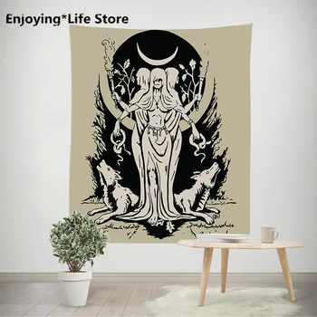 

Moon Goddness Wolf Witchcraft Tapestry Wall Hanging Medieval Europe Tarot Divination Tapestry Meditation Yoga Retro Hippie Cloth