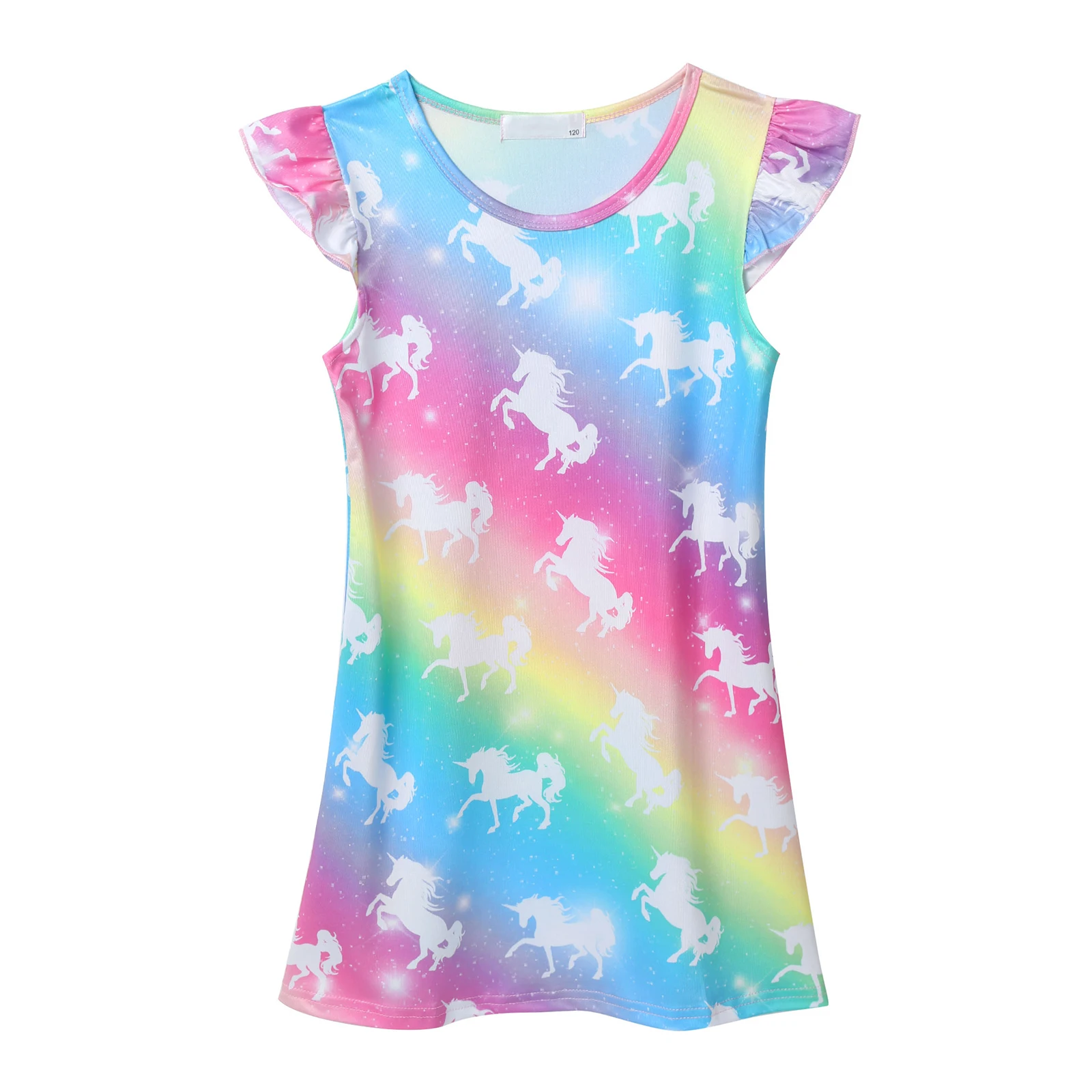 Sweet Girls Cartoon Rainbow Printed Nightdress Children Summer Ruffle Princess Sleepwear Nightgown Kids Home Wear Pajamas