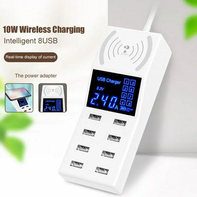 

Mobile Phone Chargers 8 Port 2.4A USB Charging Station 10W Wireless Charger Voltage Current Display Monitor Charge Dock