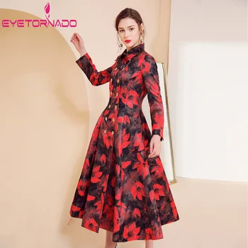 

Women Trench Coat Plus Size Floral Print Dobby Long Coat Double Breasted Business Work Vintage Classic Pendulum Skirt Trench