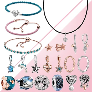 

2020 Summer 925 Silver Ocean Waves Fish Blue Glass Sea Turtle Dangle Charm Bracelet Starfish Earrings Rose Ring Leather Necklace