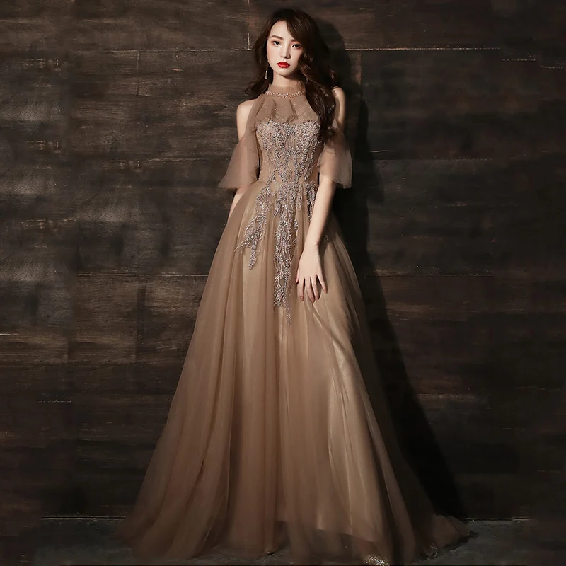 

Elegant Evening Dresses K340 Caramel A-Line Robe De Soiree O-Neck Short Sleeve Women Party Gowns Crepe Sequined Formal Vestidos