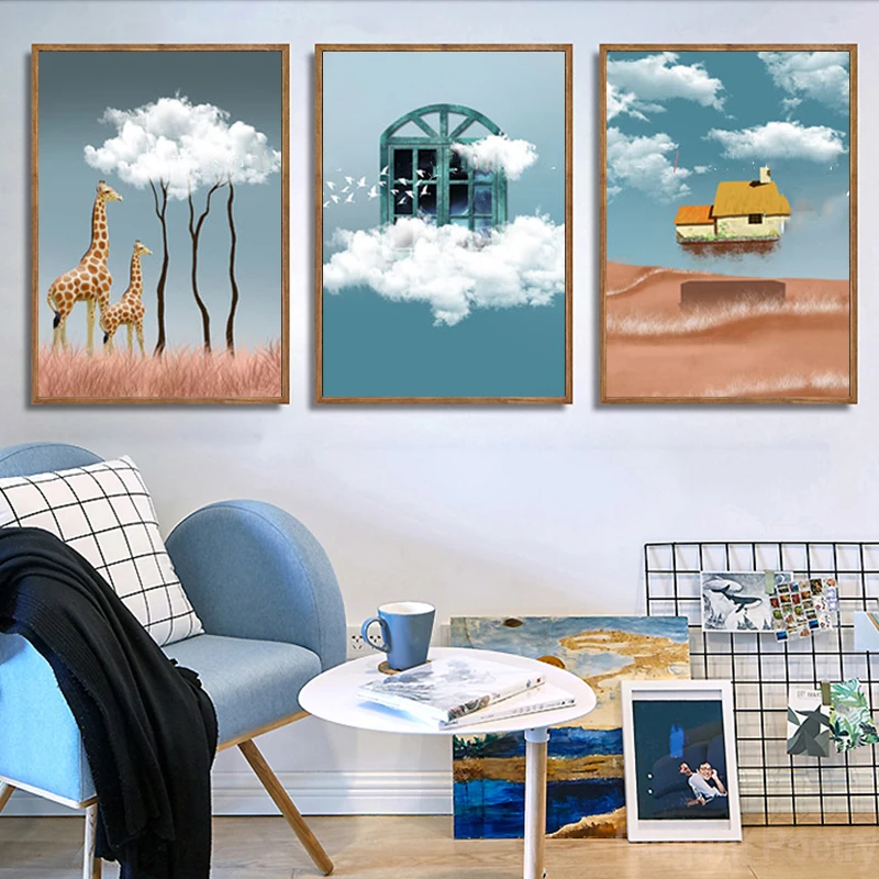 

Nordic Style Canvas Painting Landscape Prints Cartoon Poster Deer and Clouds Wall Pictures for Girl Kids Room Cuadros Home Decor