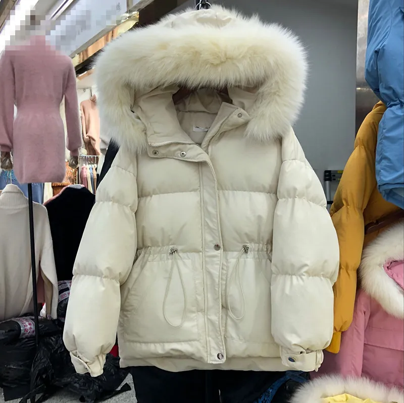 Женский пуховик из хлопка,, осенняя и зимняя свободная короткая парка с большим меховым воротником, пальто, толстая стеганая куртка с капюшоном для женщин