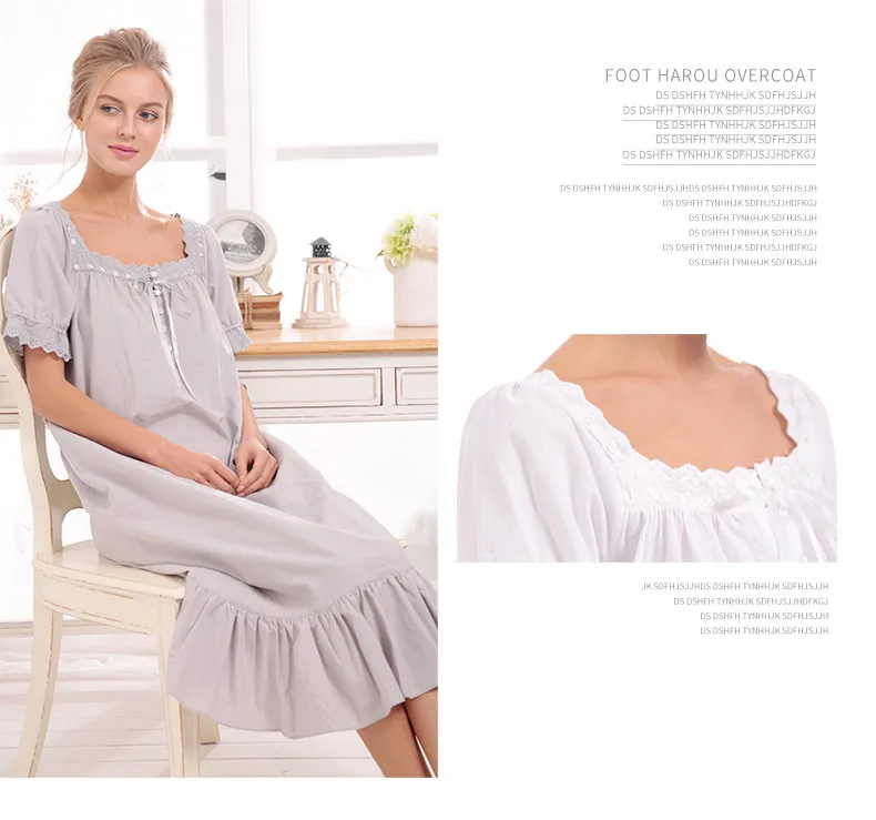Summer Female Sweety Lace Lovely Sleepshirt Ladies Cotton Long Nightgown Women Short sleeve Square collar sleepshirt