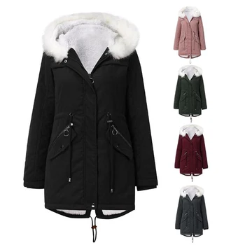 

Winter Women Clothes Cotton Coat White Fur Collar Fleece Mid-length Hooded Winter Warm Plus Fleece Coat Women's Thick Coat