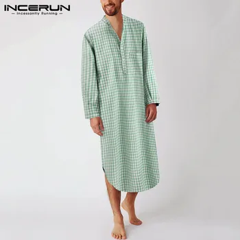 

INCERUN Men Lattice Breathable Nightgown Homewear Men Leisure Plaid Sleep Robes Long Sleeve Stand Collar Casual Bathrobes S-5XL