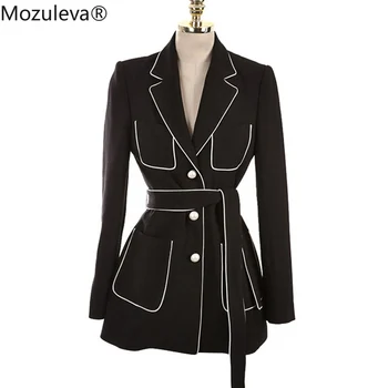 

Mozuleva 2018 New Beading Lace Up Office Lady Blazer Jacket Fashion Notched Work Suit Elegant Single Breasted Blazers Feminino