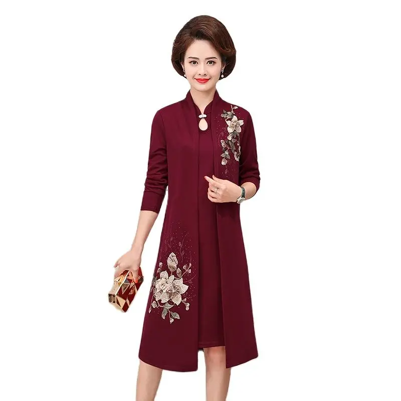 Plus Size 5XL Middle-aged Female Spring and Autumn Elegant Vintage 2 Piece Dress Set embroidery Casual Cardigan Tank Tops | Женская