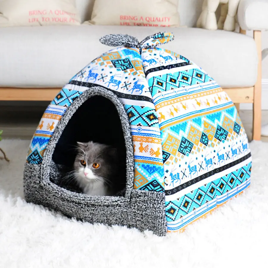 Foldable Cat House Lovely Print Warm Cave Kennel for Dog Puppy Bed Sleeping Kennel Cozy Cat Tent Mat Sleeping Cushion Dog House