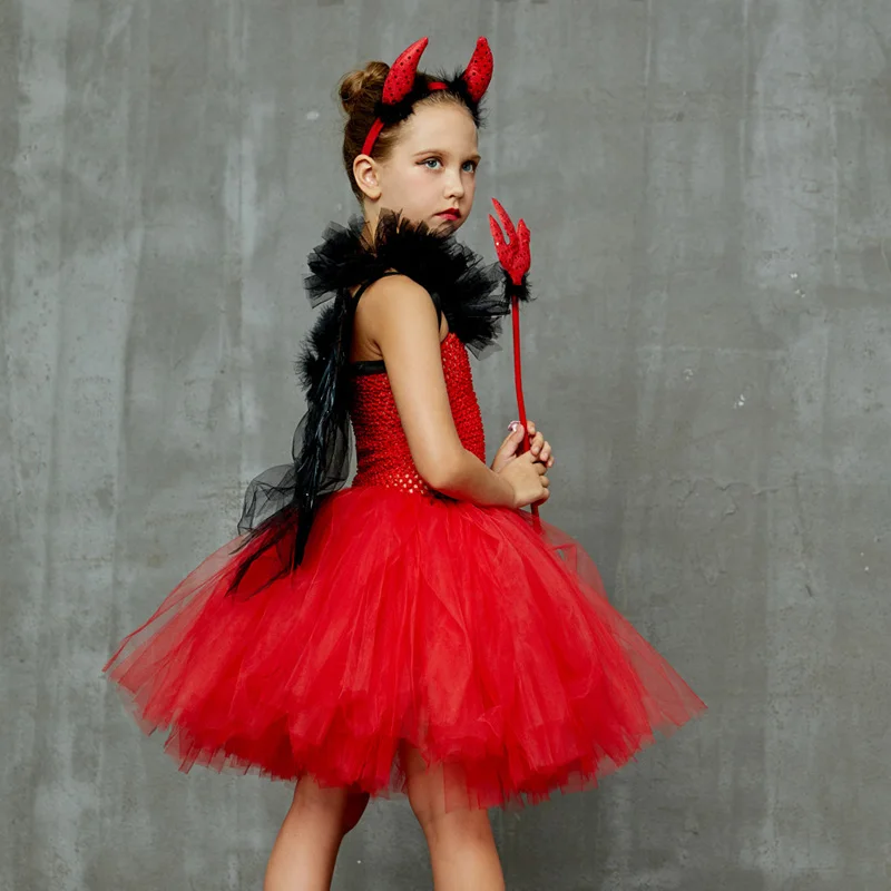 Girls Red Devil Halloween Tutu Dress with Hors Wings Pitchfork Crimson Demon Kids Fancy Dress Up Carnival Party Dress Costume (9)