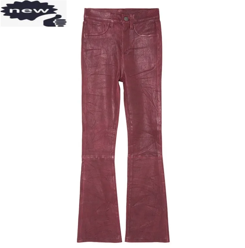 

Office Ladies Slim Fit Luxury Sheepskin Real Leather Boot Cut Flare Womens Sexy Stretchy Skinny Push Up Trousers Red Pants