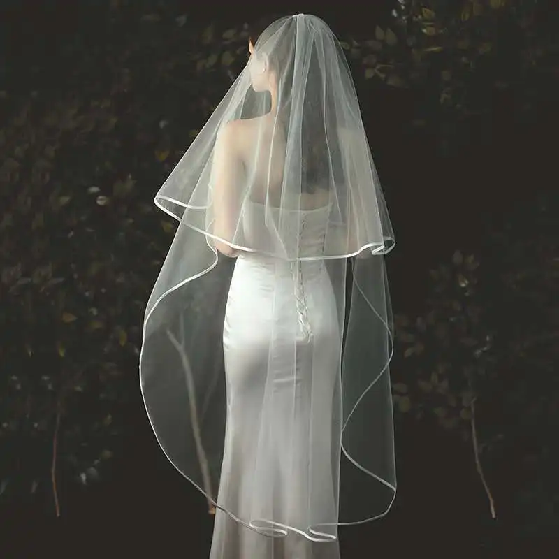 Buy White Tulle Wedding Veils Bride Ribbon Edge Two Tiers Wedding Veils  with Comb V01 Online – rosepromdress