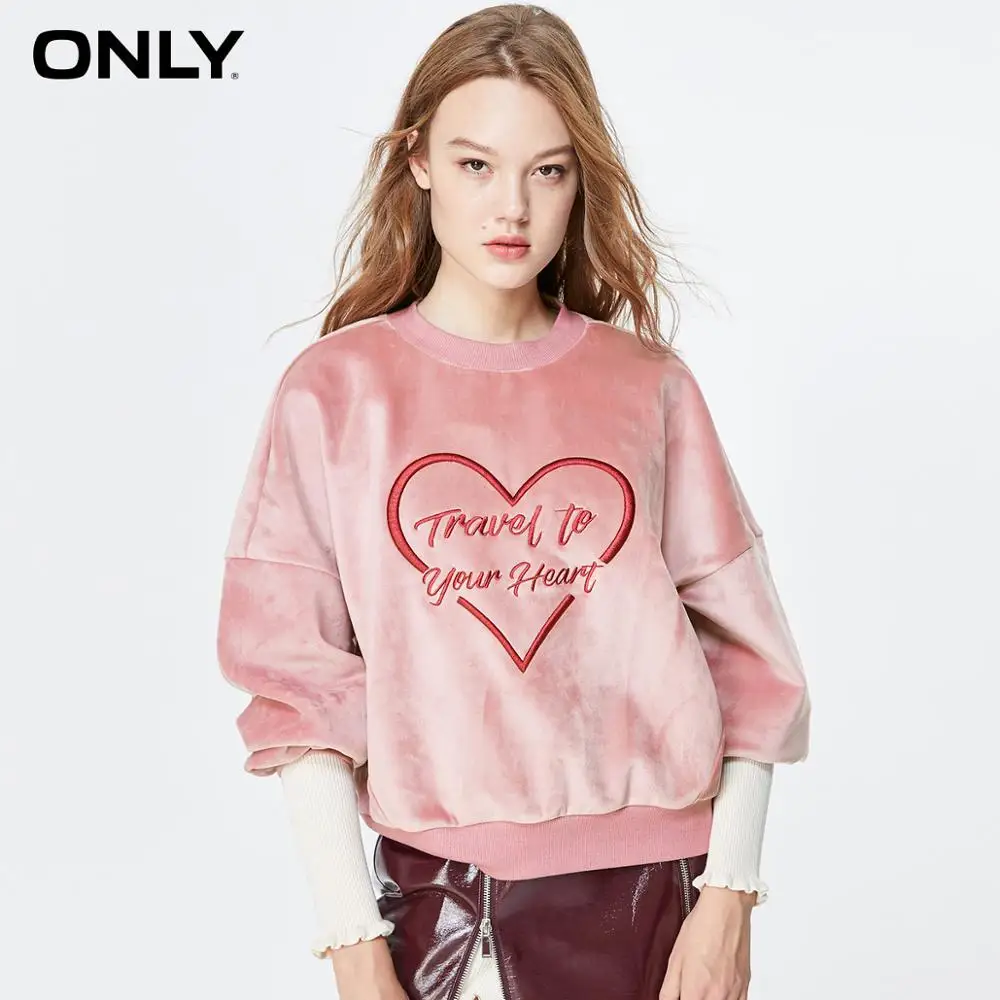 

ONLY 2019 Autumn Winter Women's Loose Fit Suede Embroidered Sweatshirt | 11939S589