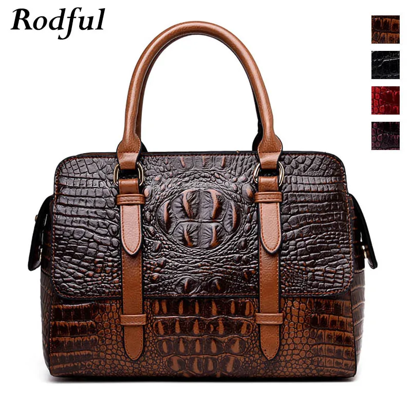 Rodful, Ретро стиль, крокодиловые сумки, женские сумки из натуральной кожи, Бостонская сумка, женская сумка на плечо, женская, коричневая, черная, красная