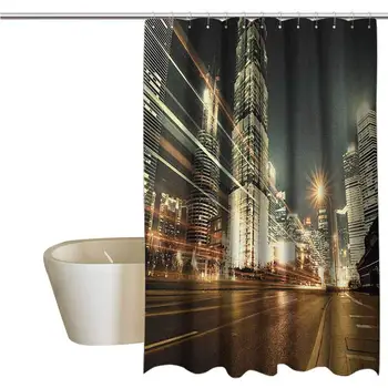 

City Rustic Shower Curtain Shanghai Lujiazui Finance and Trade Zone of The Modern City Nighttime View Farmhouse Bathroom