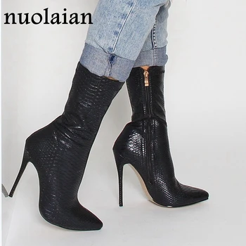 

2019 Winter Ankle Boots Woman Black Leather Platform Boots Womens Snow Boot Ladies Chaussure Women High Heel Shoes Bottine